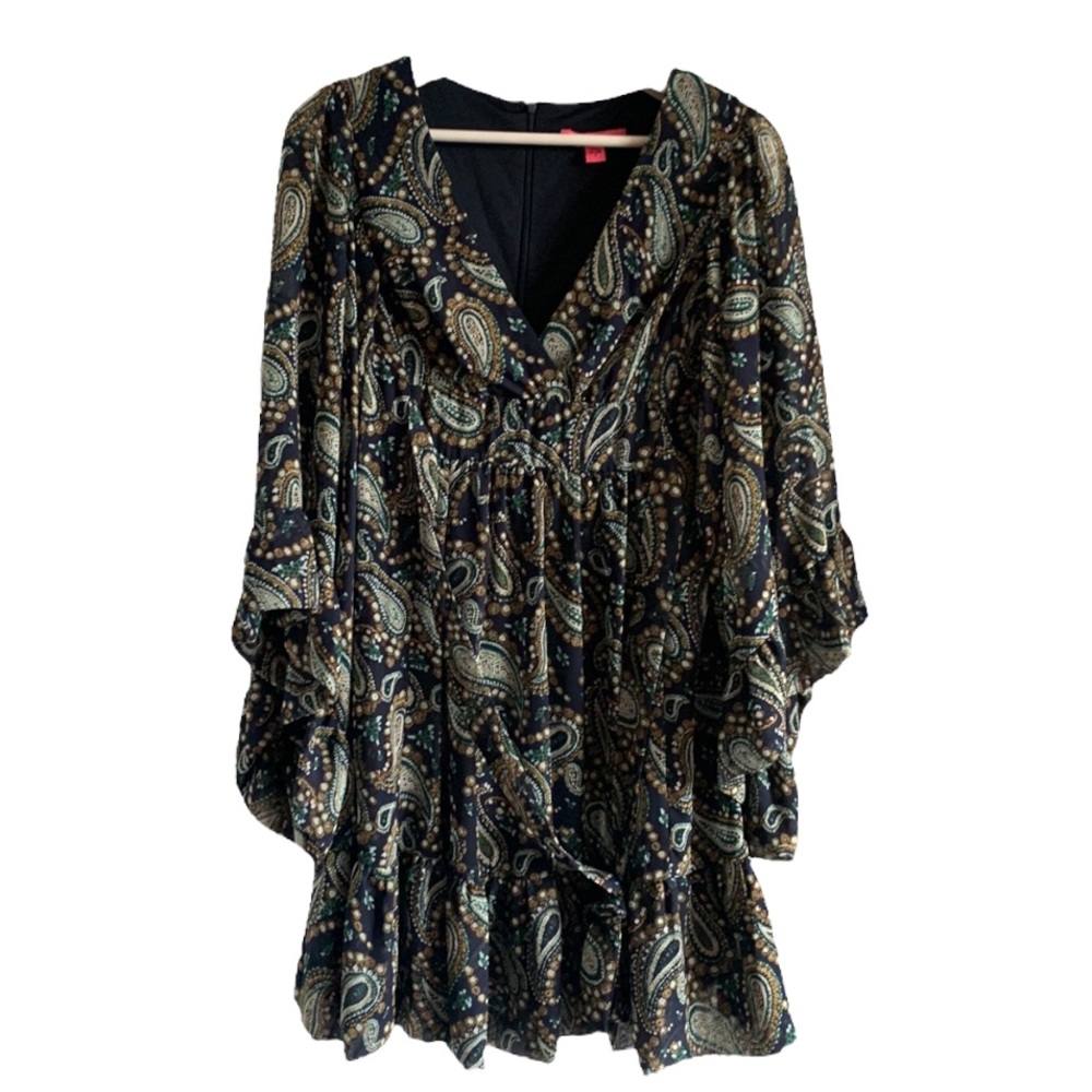 Betsey Johnson Paisley Dress Blue 4 V-neck Ruffle Party Wedding Guest Vacation